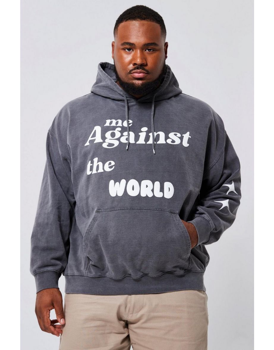 Plus Overdye Text Puff Print Hoodie - charcoal