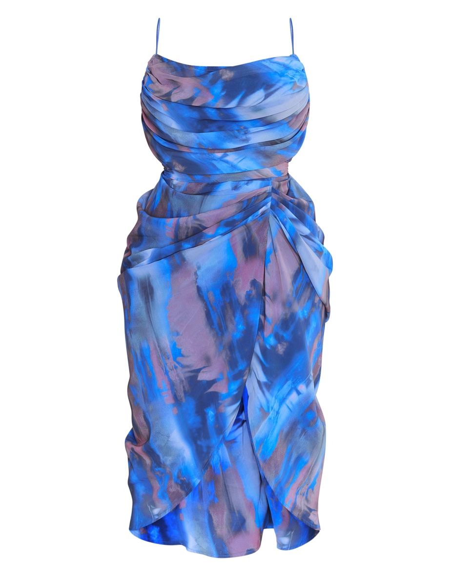 Plus Blue Abstract Print Chiffon Ruched Drape Midi Dress - 4