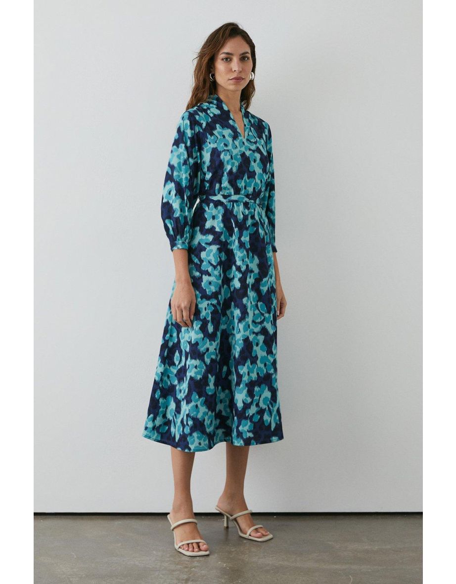 Blurred Flower Tie Waist Dress - navy