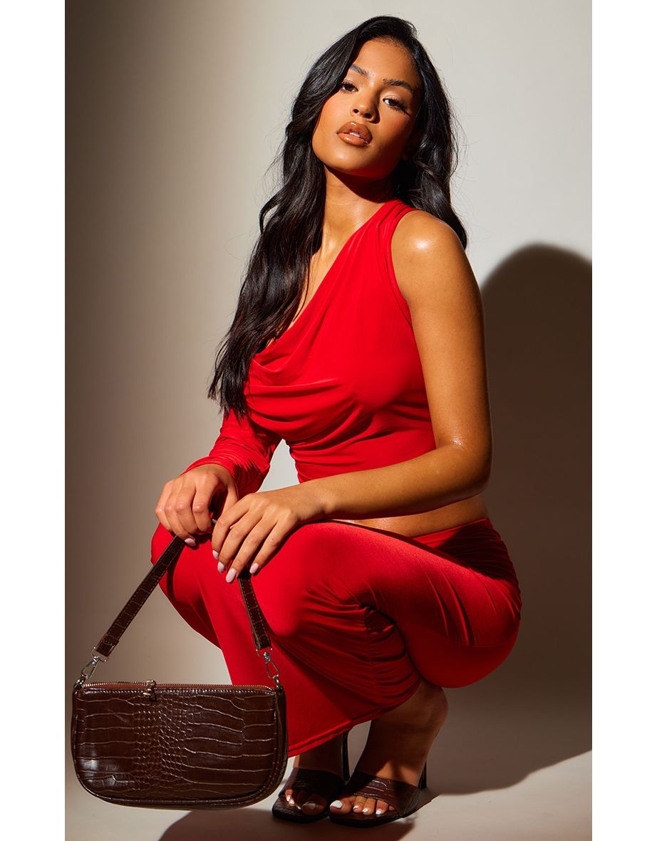 Tall Red Slinky One Sleeve Cowl Neck Top - 3