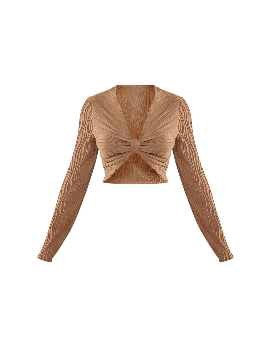 Taupe Textured Twist Front Long Sleeve Top - 4