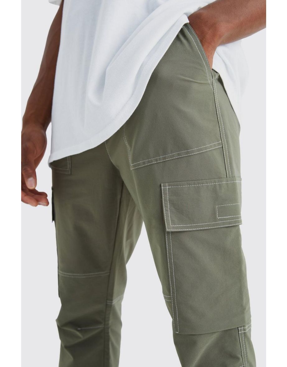 Elastic Waist Slim Flare Contrast Stitch Cargo Trouser