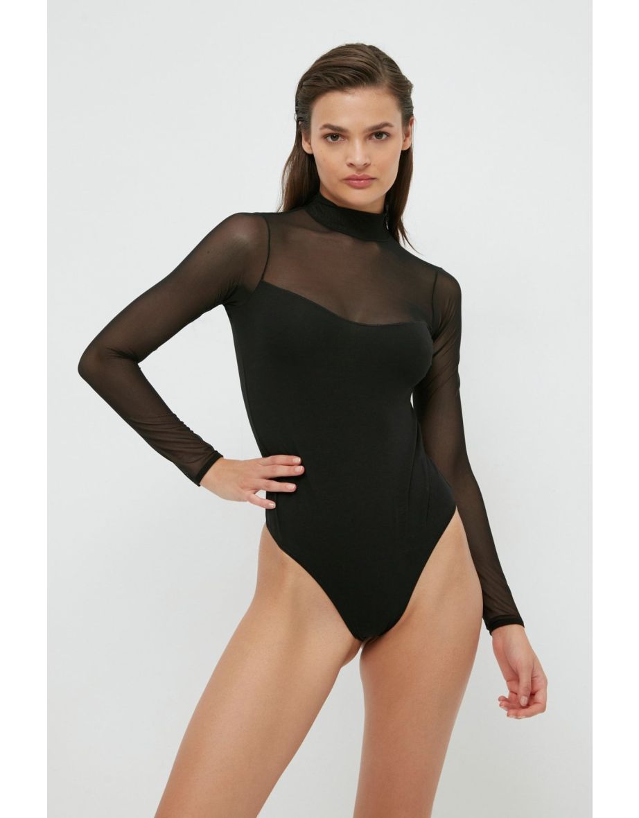 Black Cotton Tulle Detailed Long Sleeve Snap Knitted Bodysuit