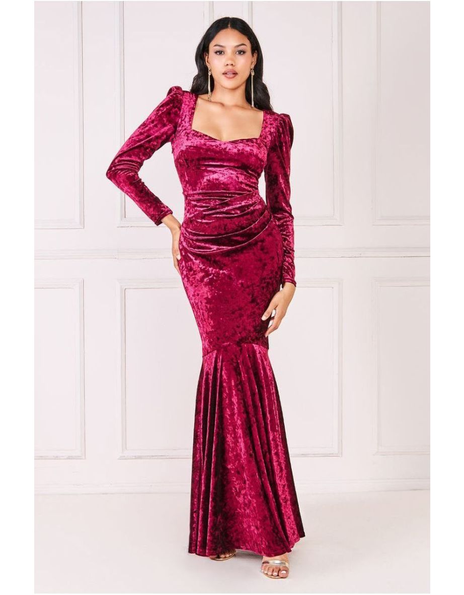 Goddiva Flared Hem Ice Velvet Maxi - Burgundy