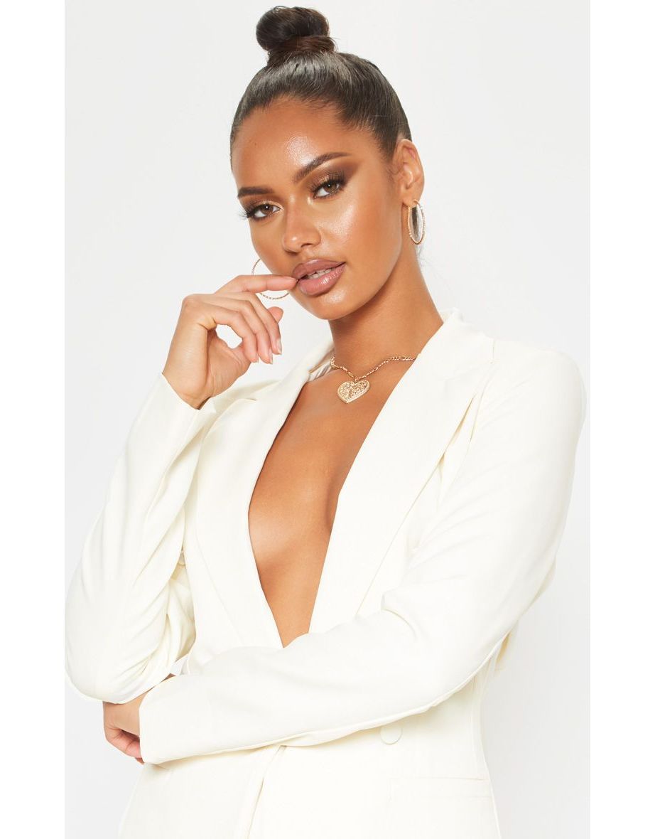 Cream Double Breasted Woven Blazer - 4