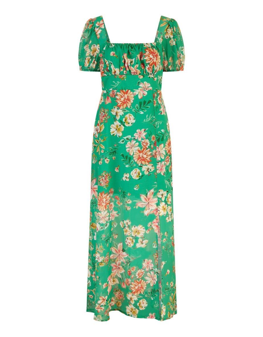 Yumi Green Recycled Floral Print Square Neck Maxi Dress With Split Hemline - 5