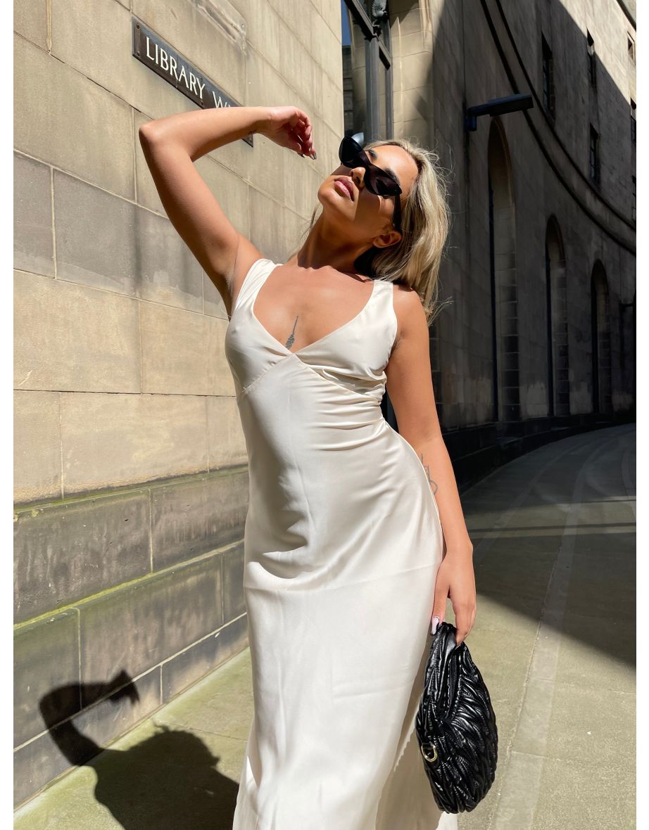 Dark-Cream Satin V-Neck Maxi-Dress - 3