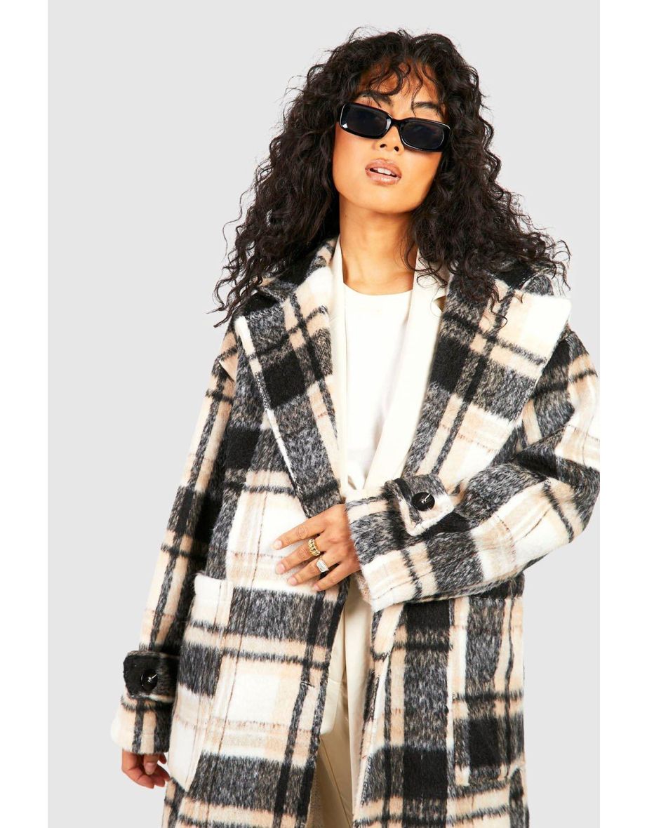 Check Cuff Detail Oversized Wool Look Jacket - off white - 3