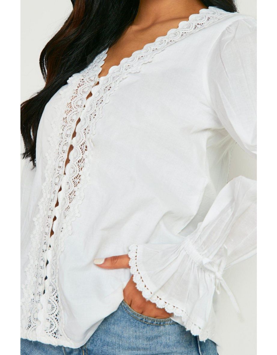 Tall Lace Detail Tie Sleeve Blouse - white - 3