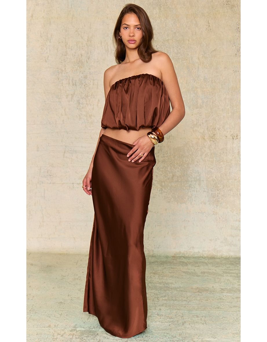 Chocolate Brown Satin Mid Rise Maxi Skirt