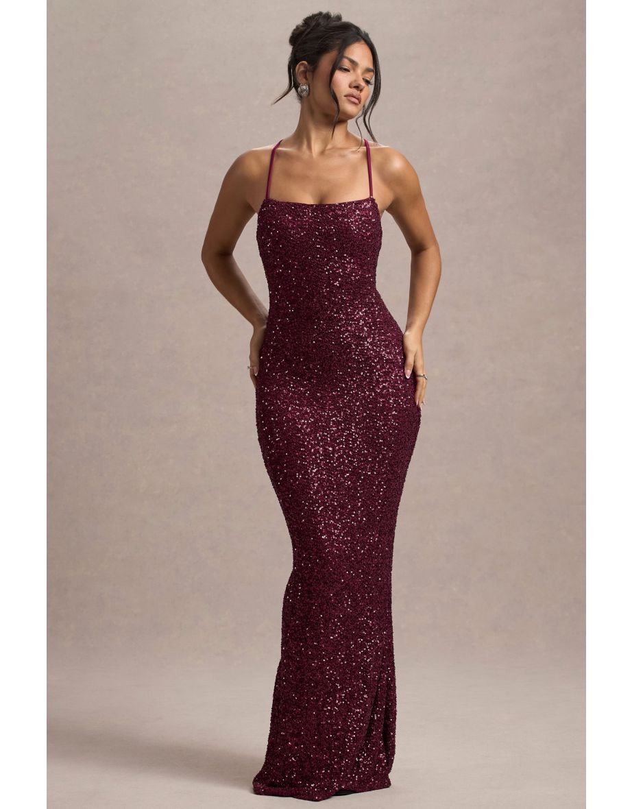 Cosmic | Berry Sequin Square-Neck Strappy Maxi Dress - 5