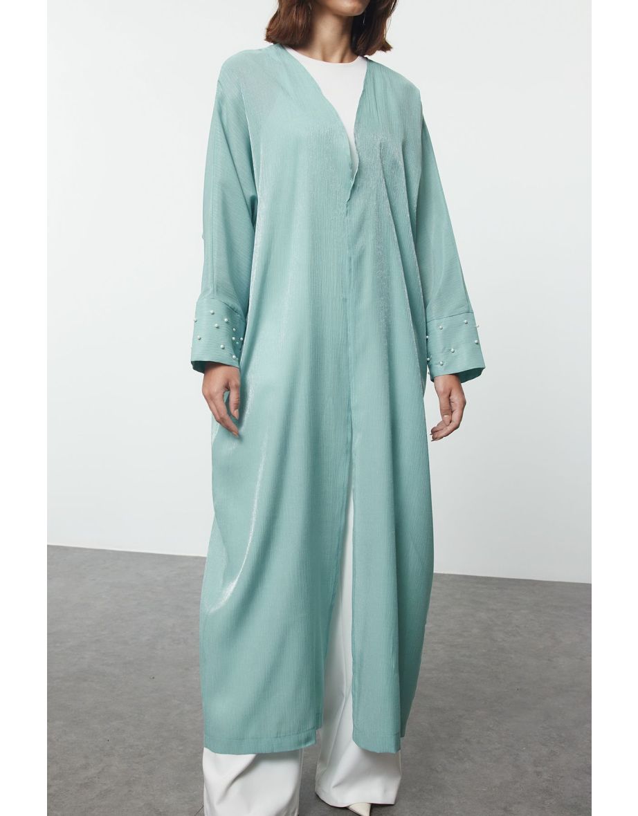 Mint Pearl Detailed Woven Shiny Fabric Cap & Abaya - 4