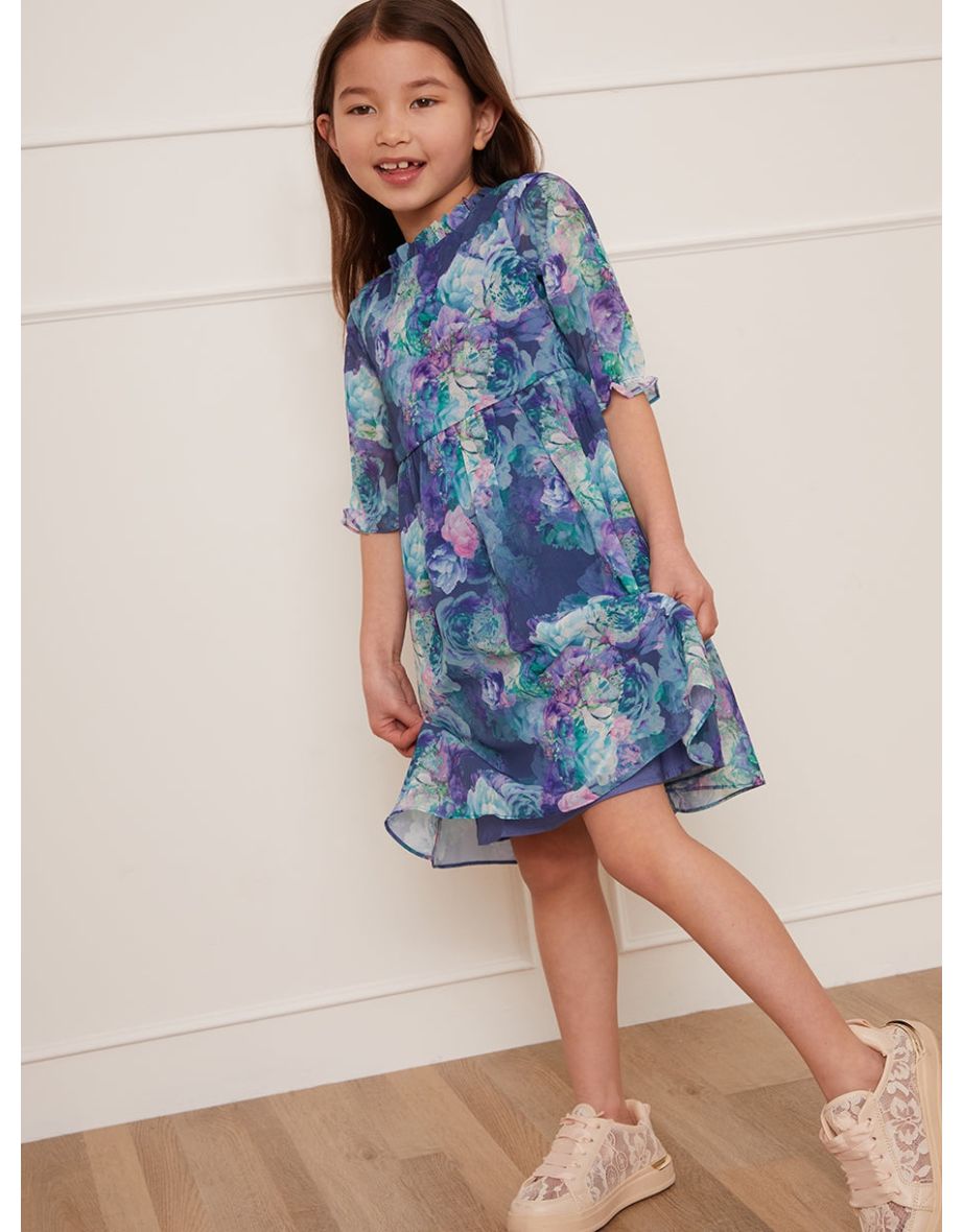 Girls Watercolour Floral Printed Dress in Navy