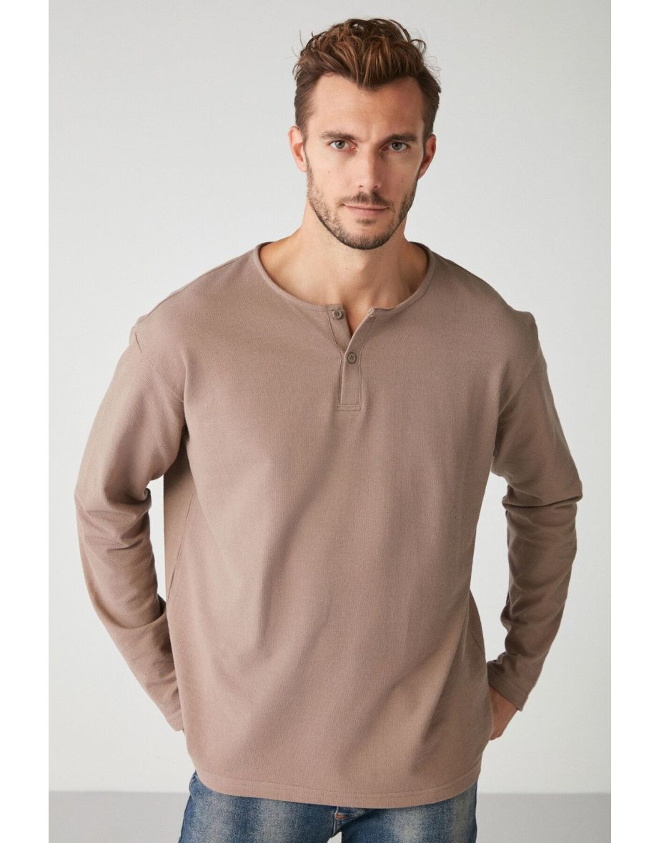 Lorenzo Men's Special Rustic Textured 100% Organic Cotton Button Detailed Regular Mink Sweatshirt