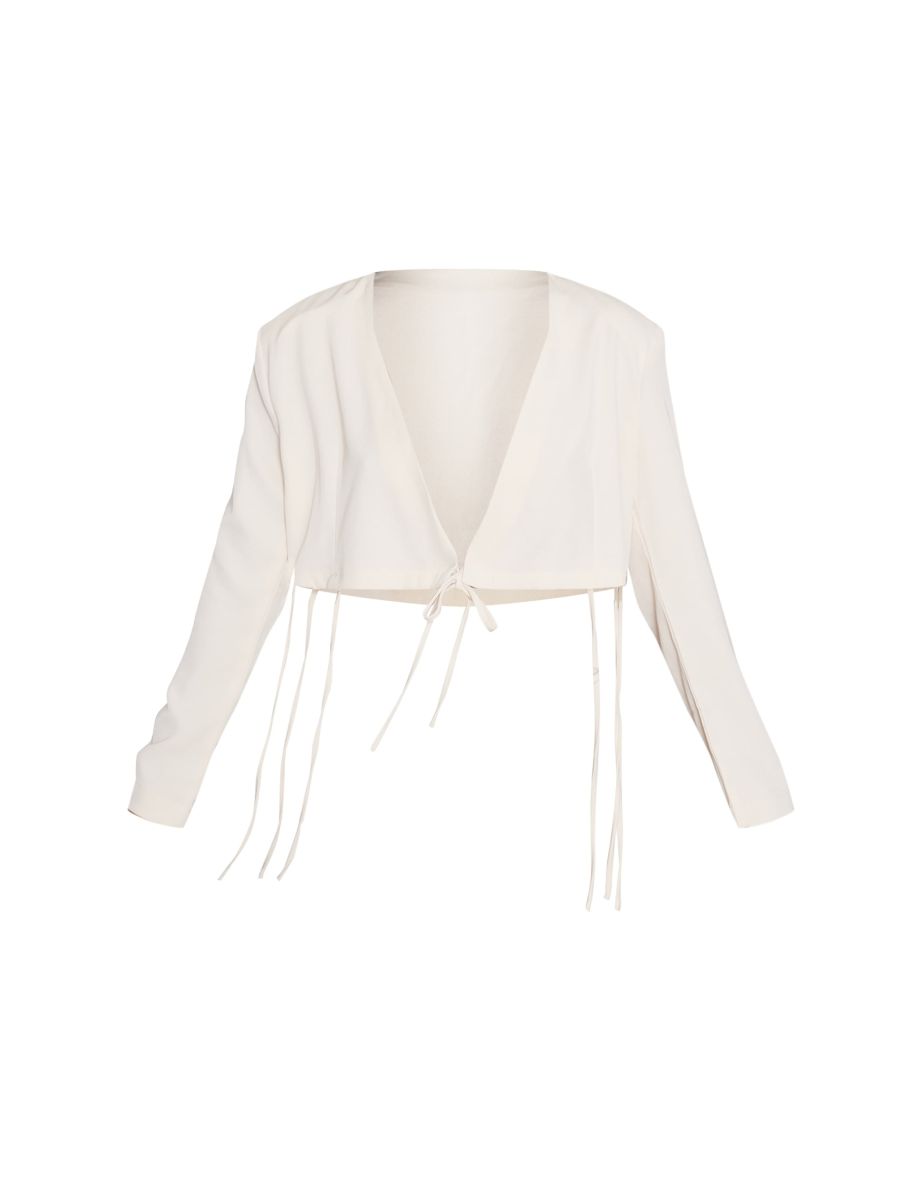 Cream Tailored Tie Front Cropped Blazer - 4