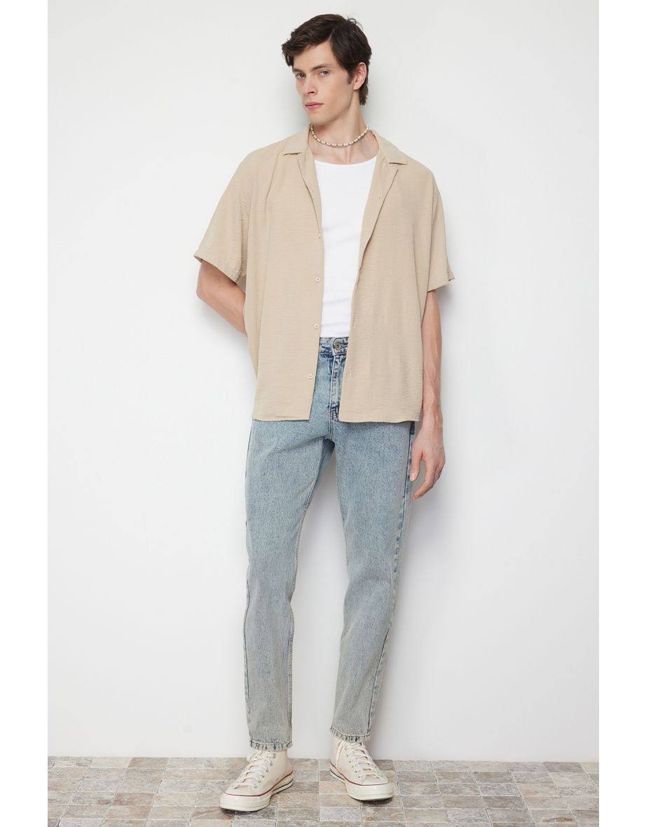 Taş Men's Oversize Fit Summer Short Sleeve Linen Look Shirt
