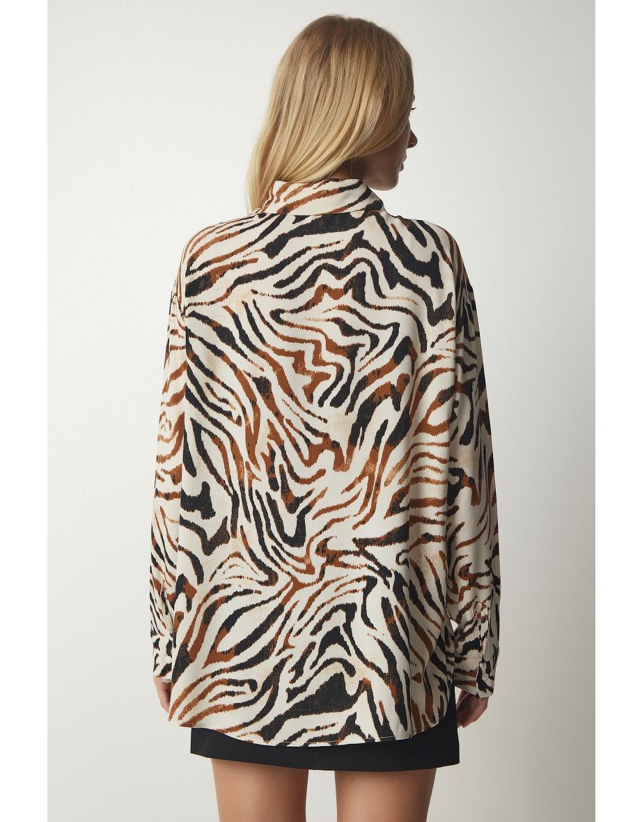 Women's Cream Black Patterned Oversized Viscose Shirt - 8