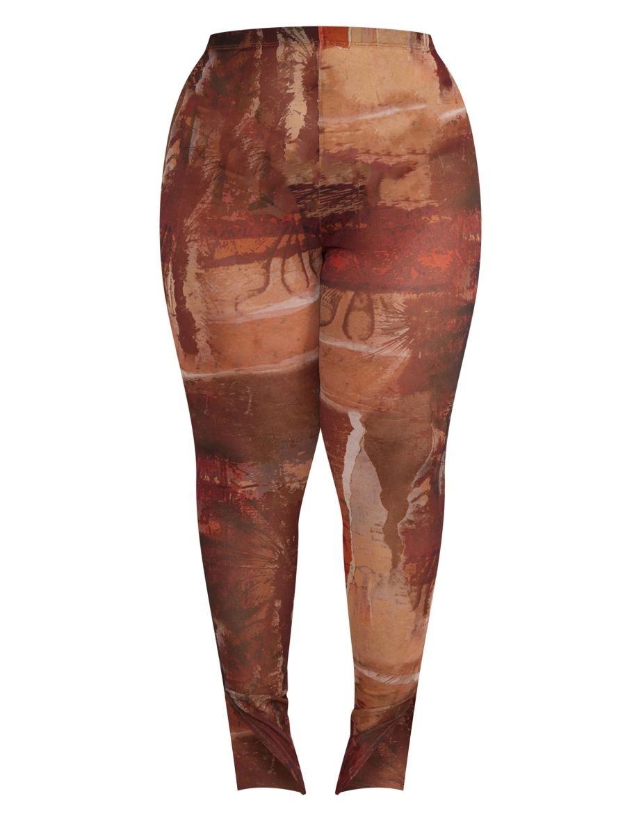Plus Brown Abstract Printed Mesh Leggings - 4