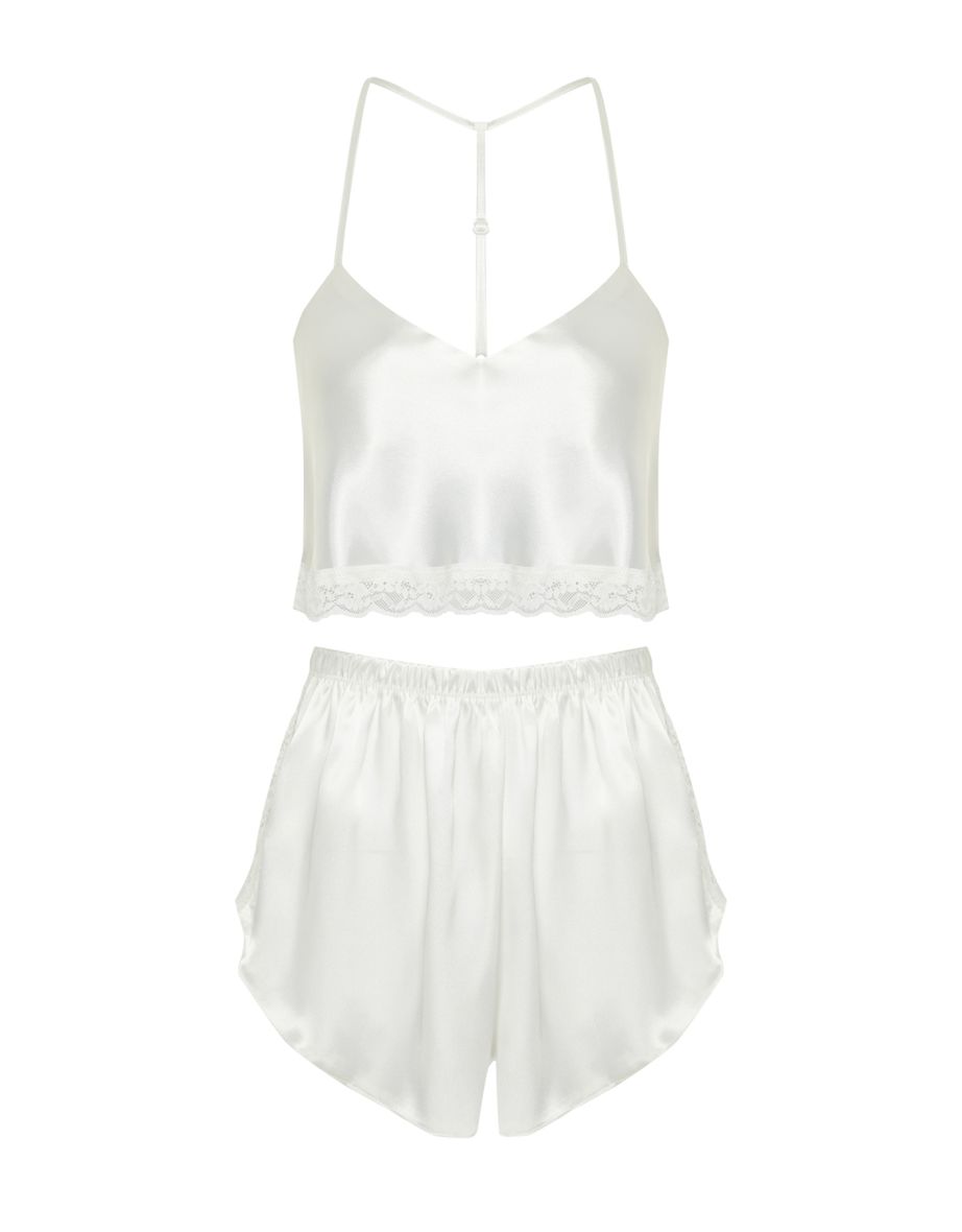 Ecru Lace Detailed Crop Satin Woven Pajama Set