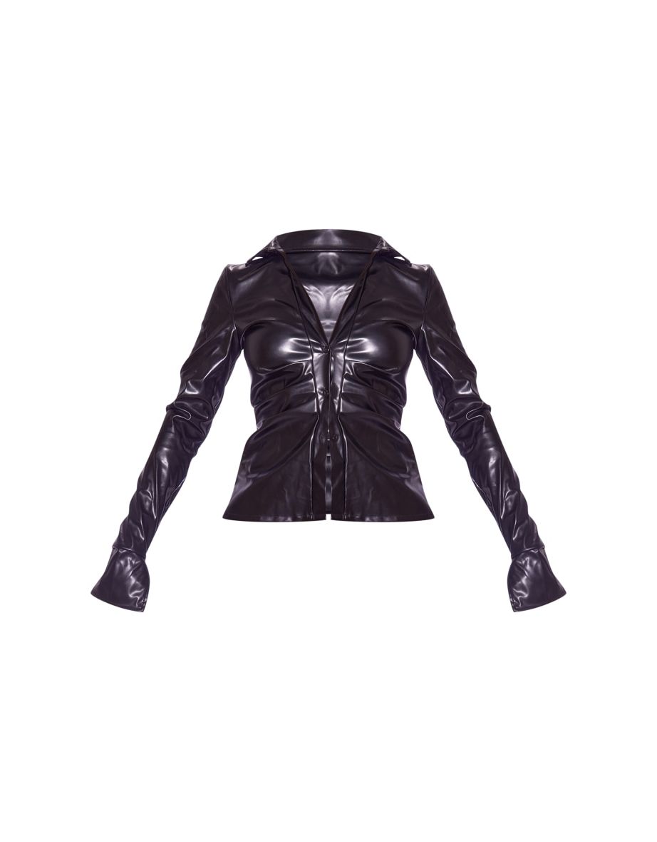 Black Faux Leather Fitted Long Sleeve Shirt - 4