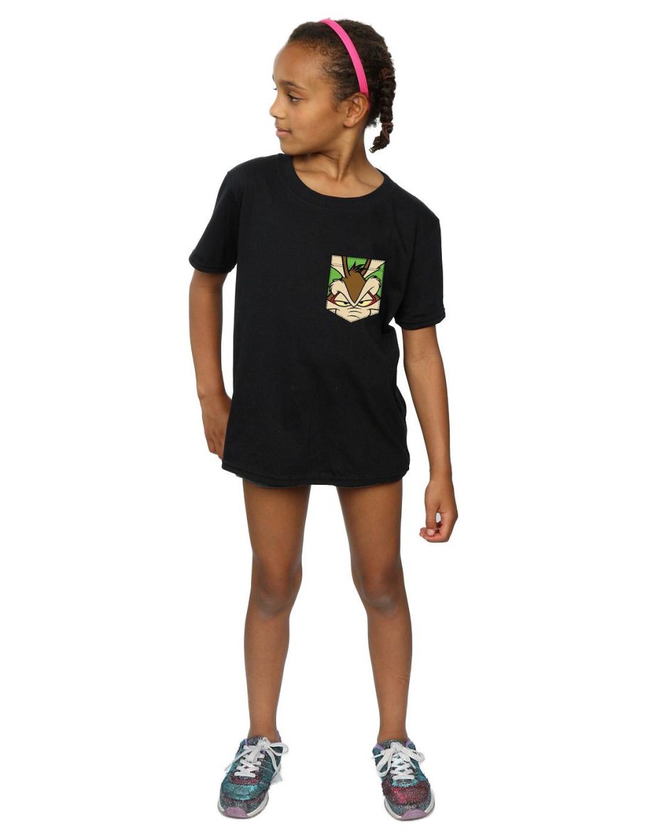 Looney Tunes Girls Wile E Coyote Face Faux Pocket Cotton T-Shirt - Black - 3