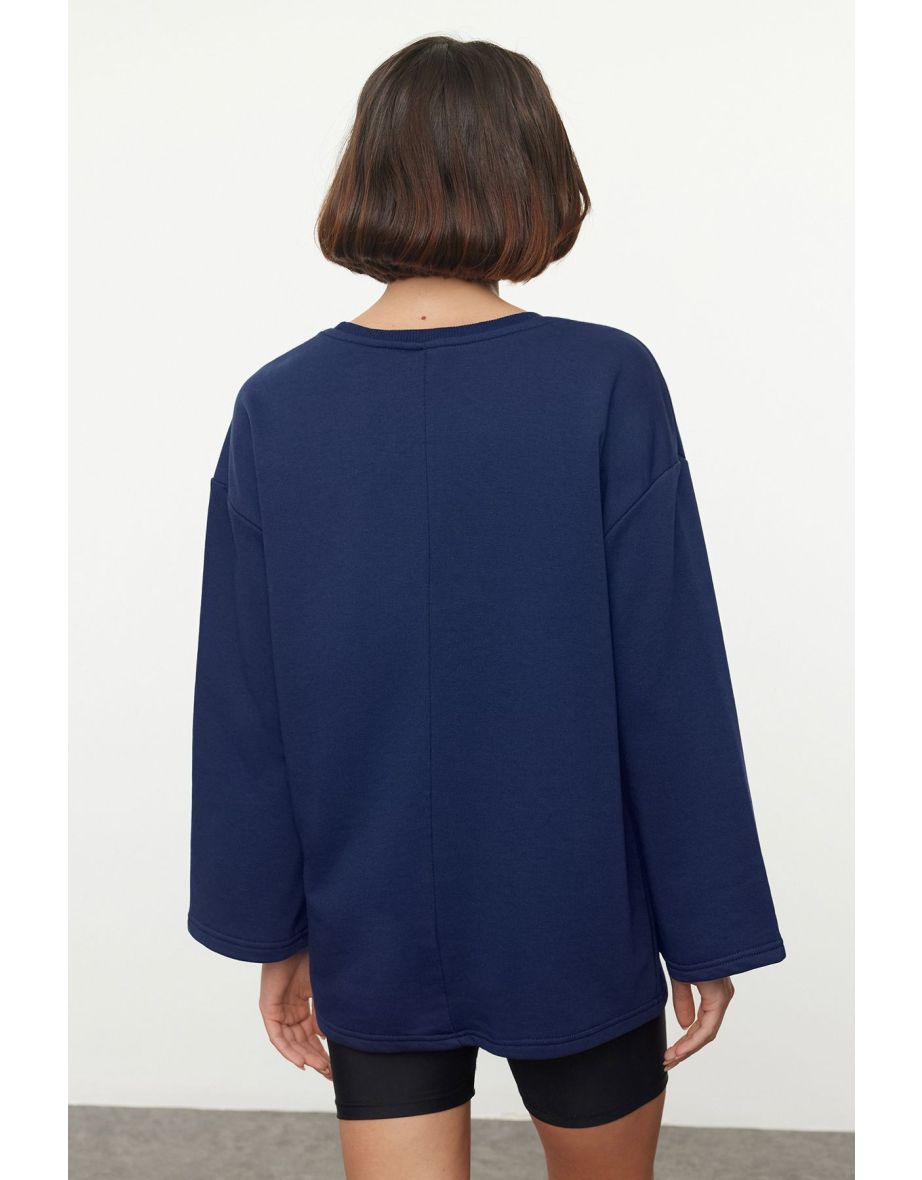Navy Blue Crew Neck Oversize/Wide Fit Spanish Sleeve Knitted Sweatshirt - 4