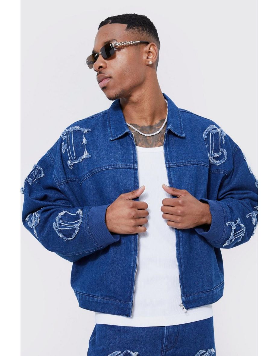 Boxy Fit Raw Edge Applique Denim Jacket - mid blue