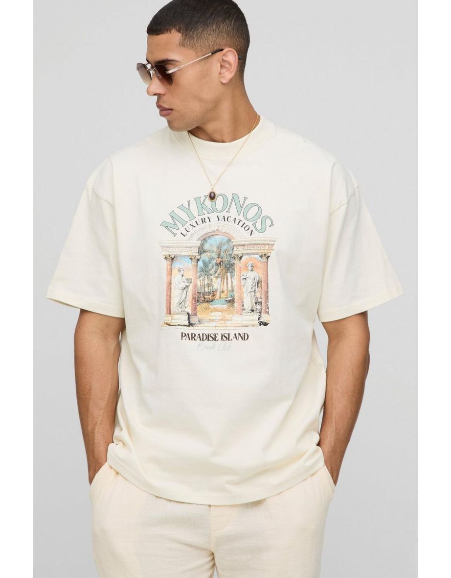 Ecru Oversized Extended Neck Mykonos Paradise Island Printed T-Shirt