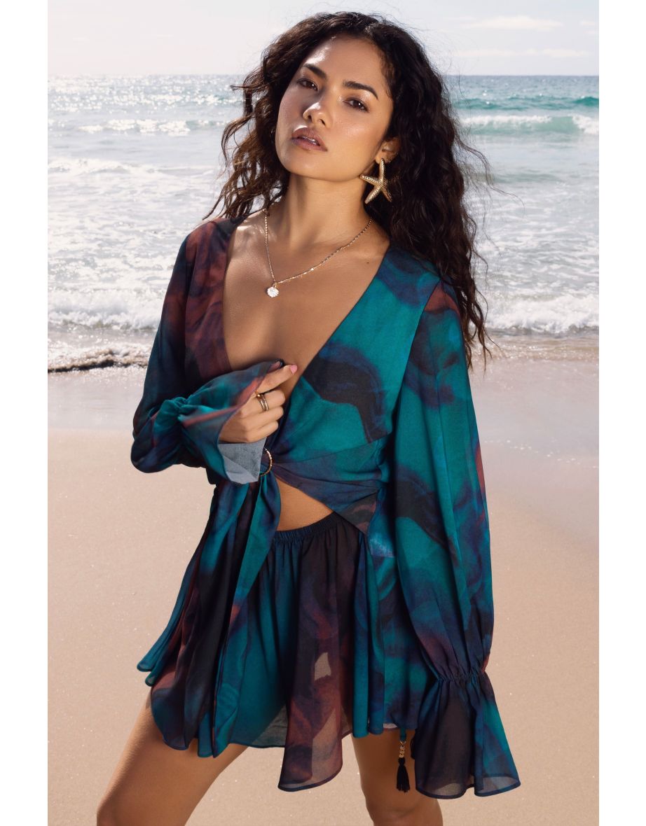 Rosalia | Blue Print Plunge-Neck Long-Sleeve Gathered Playsuit - 5