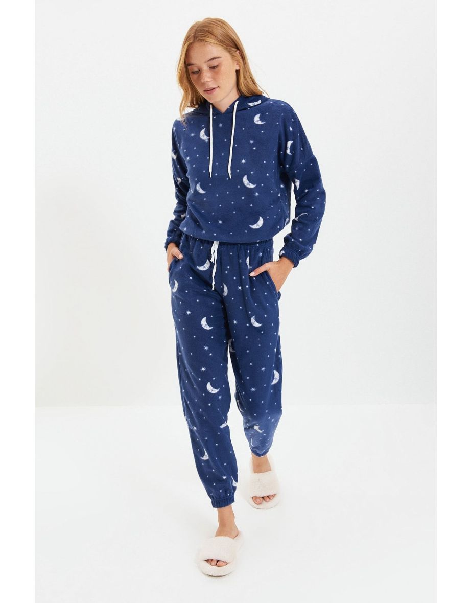 Navy Blue Hooded Galaxy Pattern Polar Knitted Pajamas Set