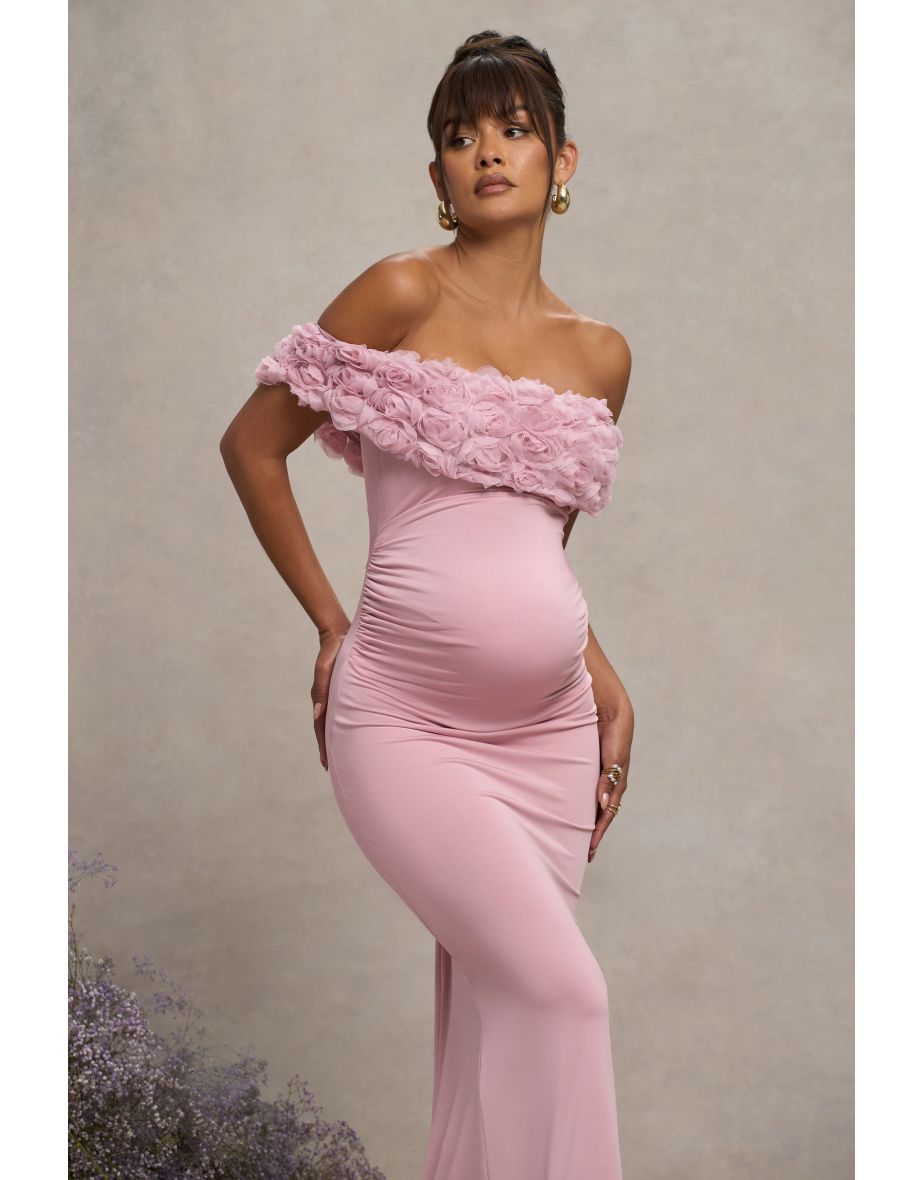 Inflorescence | Blush Pink Mesh Floral Bardot Maternity Maxi Dress - 4