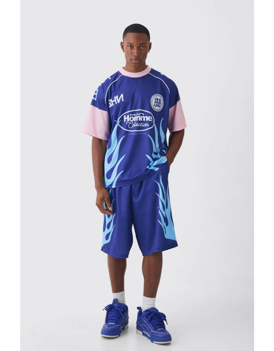 Oversized Extended Neck Mesh Flame T-shirt & Jorts Set - dark blue