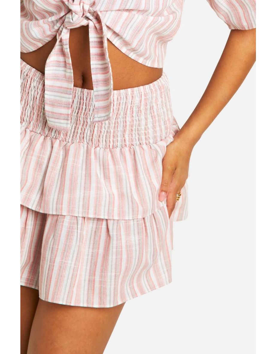 Linen Look Stripe Tiered Beach Rara Skirt - pink - 3