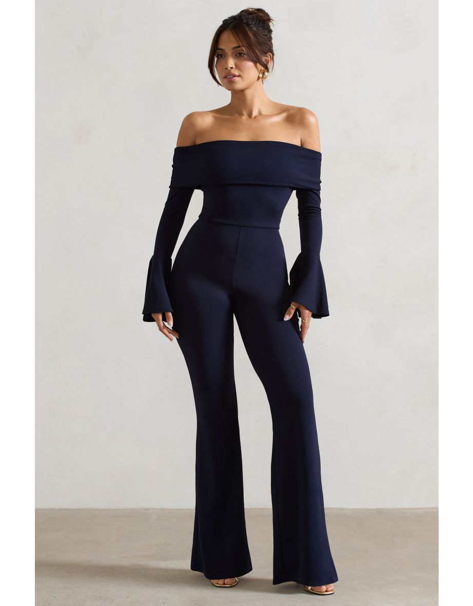 Shauna | Navy Bardot Long-Sleeve Flared Jumpsuit