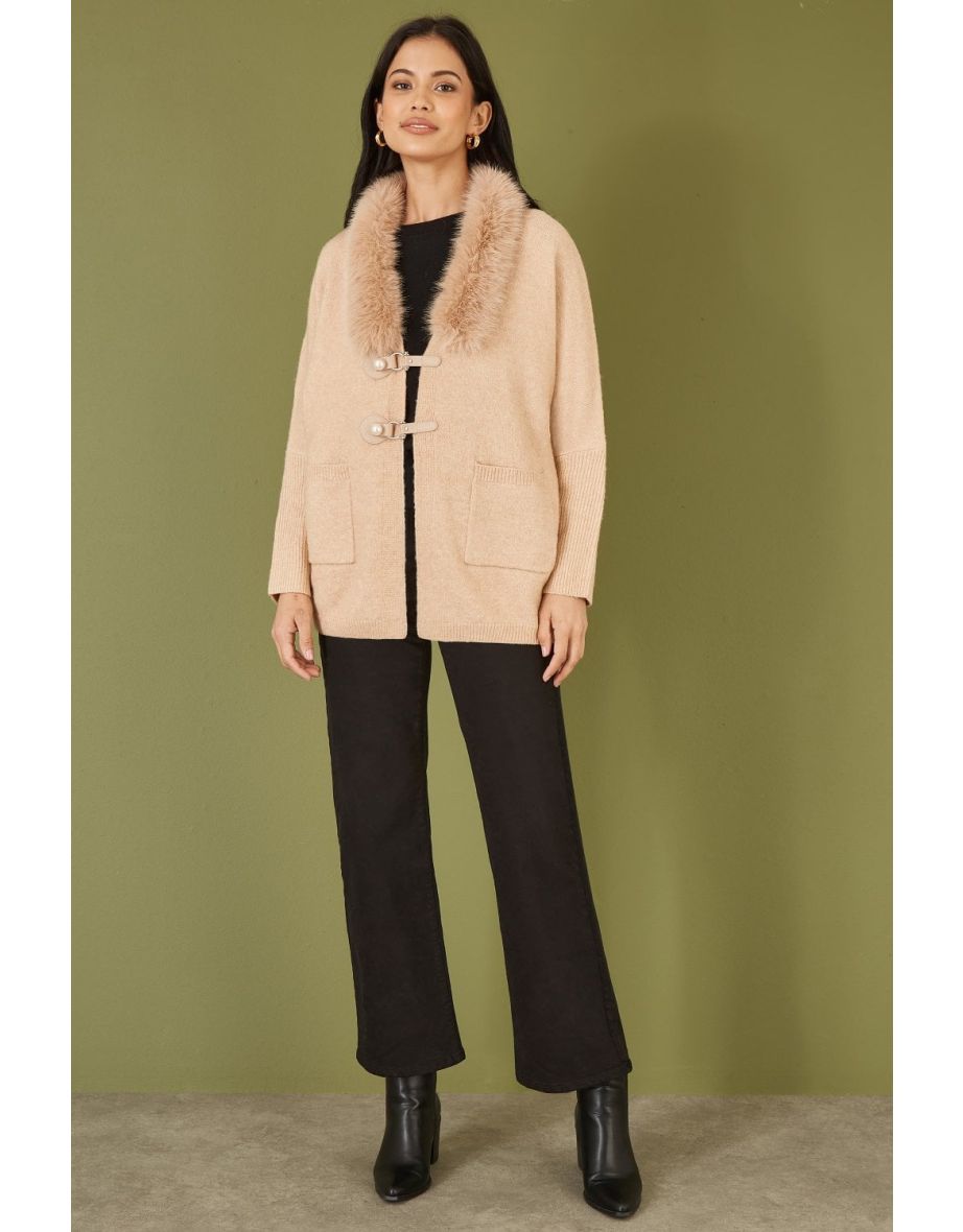 Yumi Oatmeal Cardigan With Detachable Fur Collar Trim
