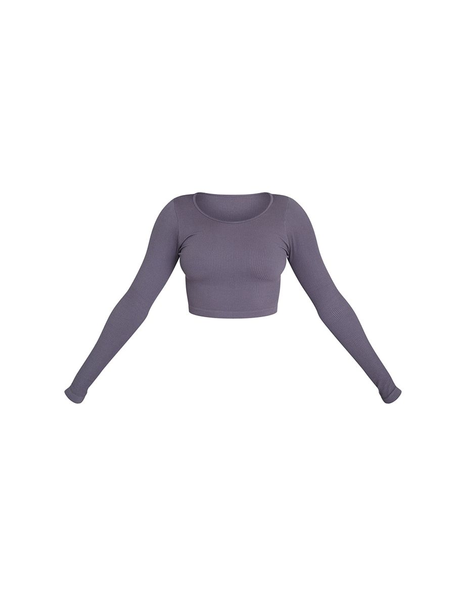 Charcoal Structured Contour Ribbed Round Neck Long Sleeve Crop Top - 4
