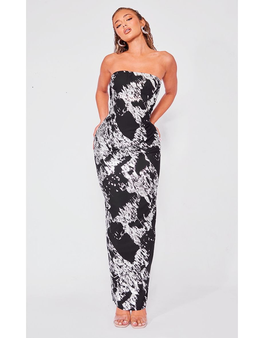 Black Foil Print Bandeau Maxi Dress