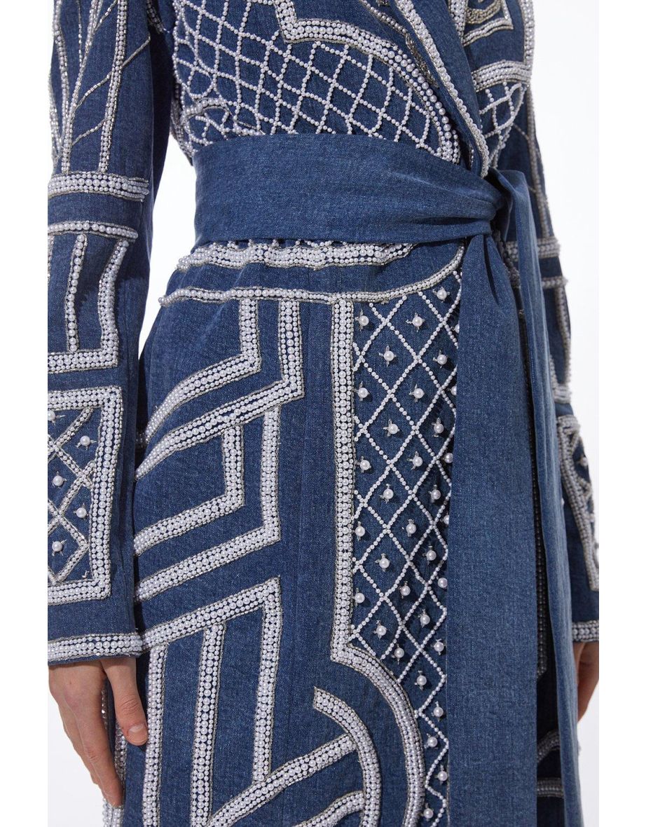 Pearl Embellished Woven Denim Maxi Blazer Dress - 2