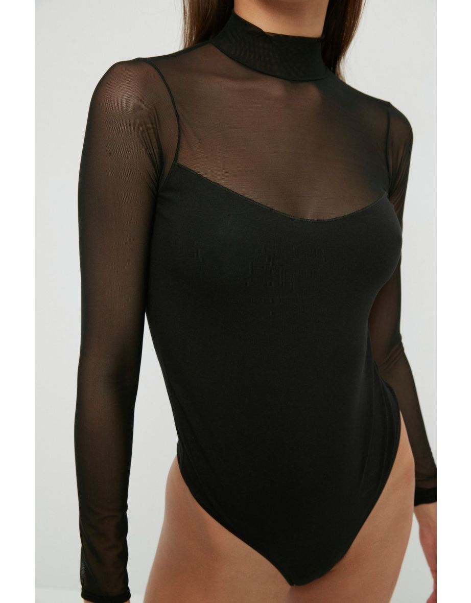 Black Cotton Tulle Detailed Long Sleeve Snap Knitted Bodysuit - 3