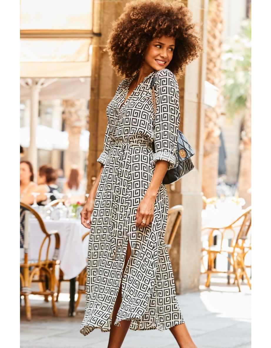 White & Black Geometric Print Midi Shirt Dress