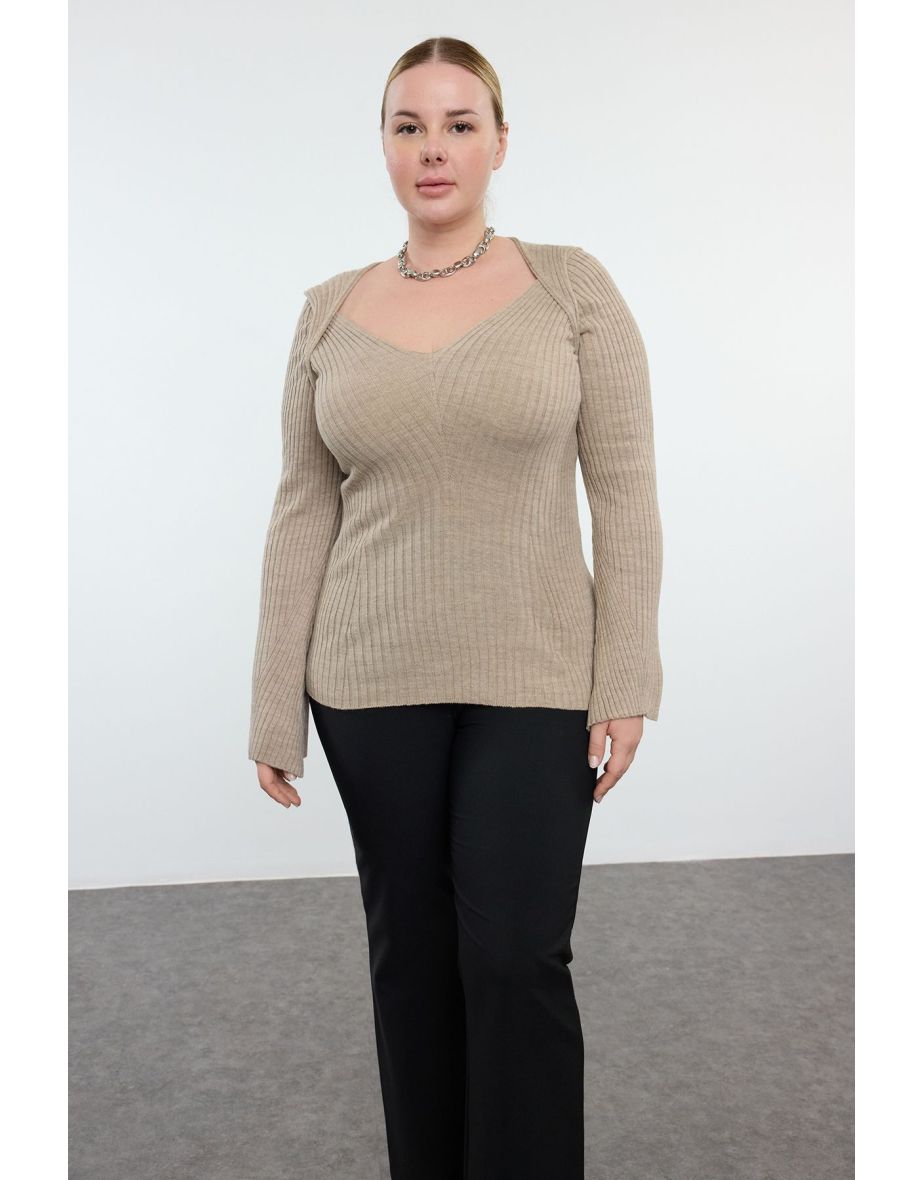 Mink Wide Collar Ribbed Knitwear Sweater