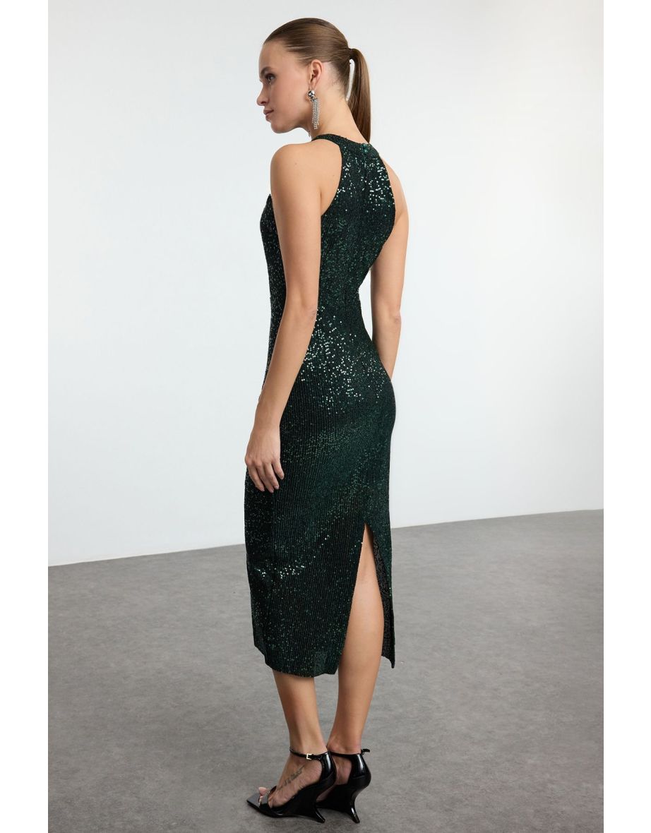 Emerald Green Fitted Knitted Lined Glitter Sequin Chic Evening Dress - 4