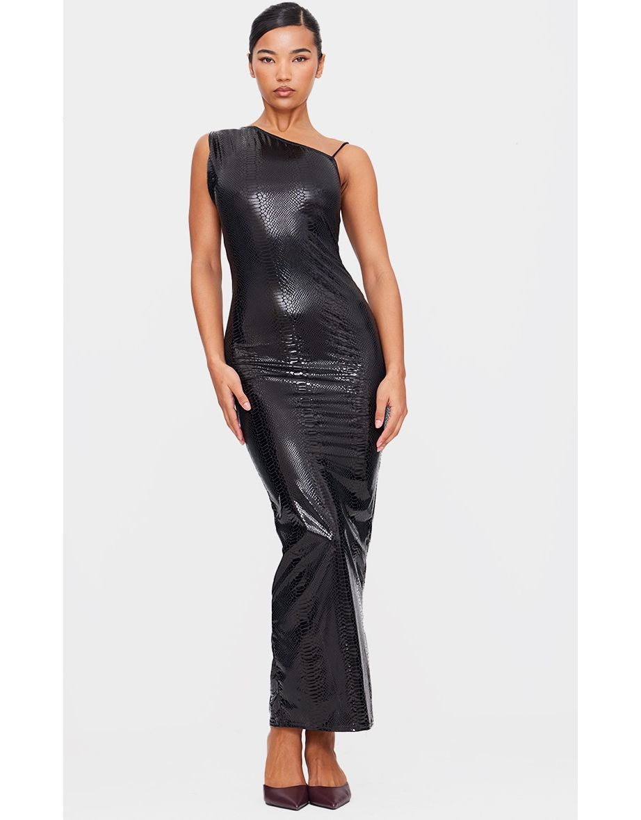 Black Croc Effect One Shoulder Maxi Dress