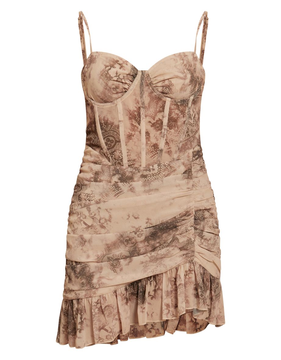 Nude Floral Print Corset Frill Hem Bodycon Dress - 4