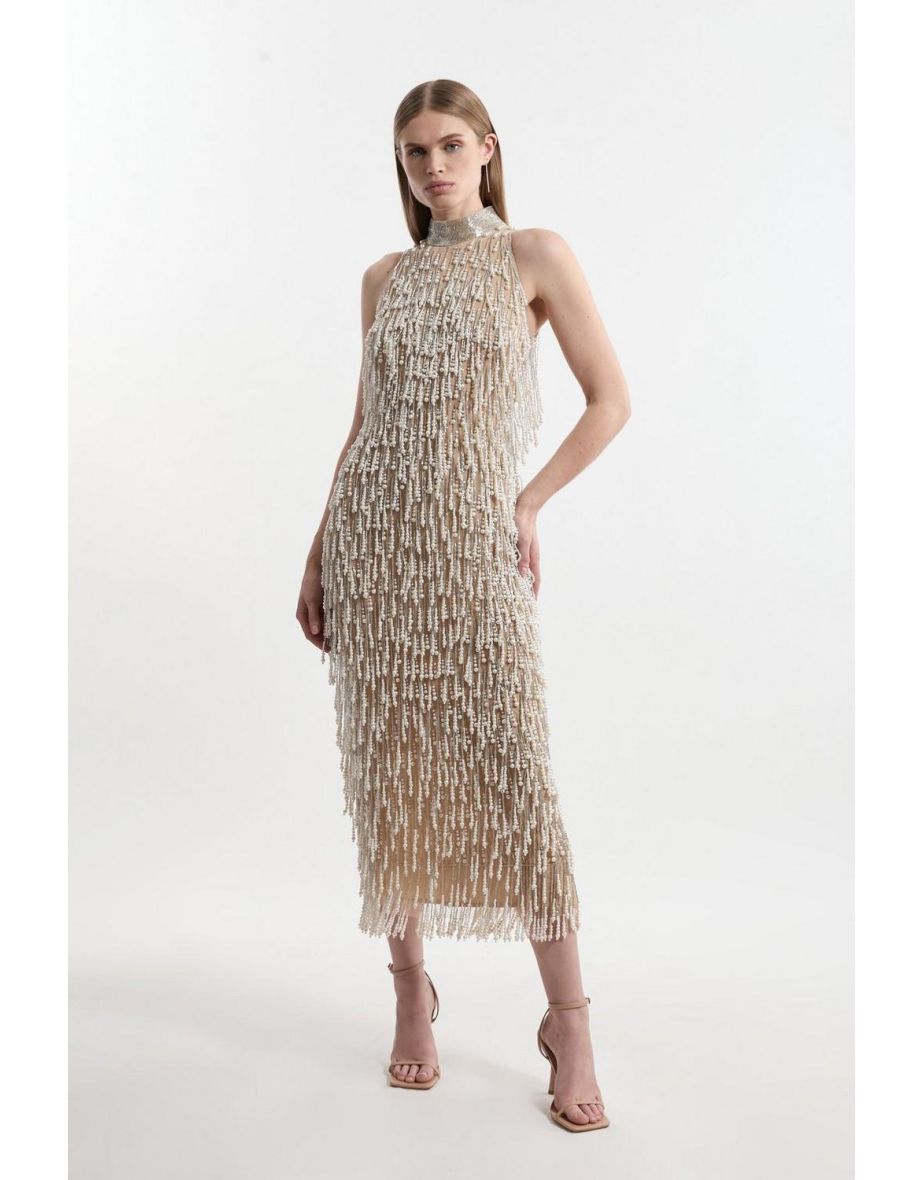 Petite Pearl Tassel Embellished Halter Neck Woven Midi Dress