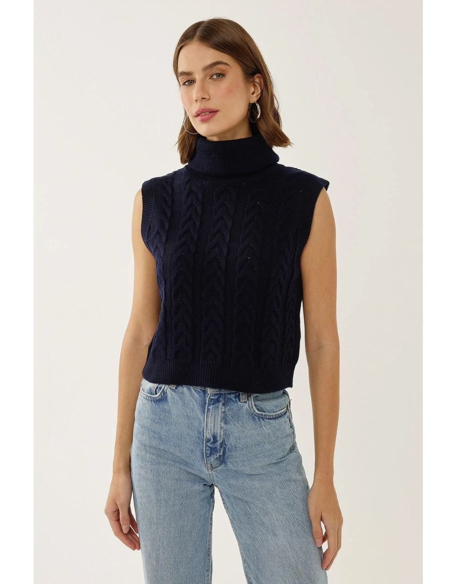 Turtleneck Knitwear Sweater Vest with Hair Braid Pattern