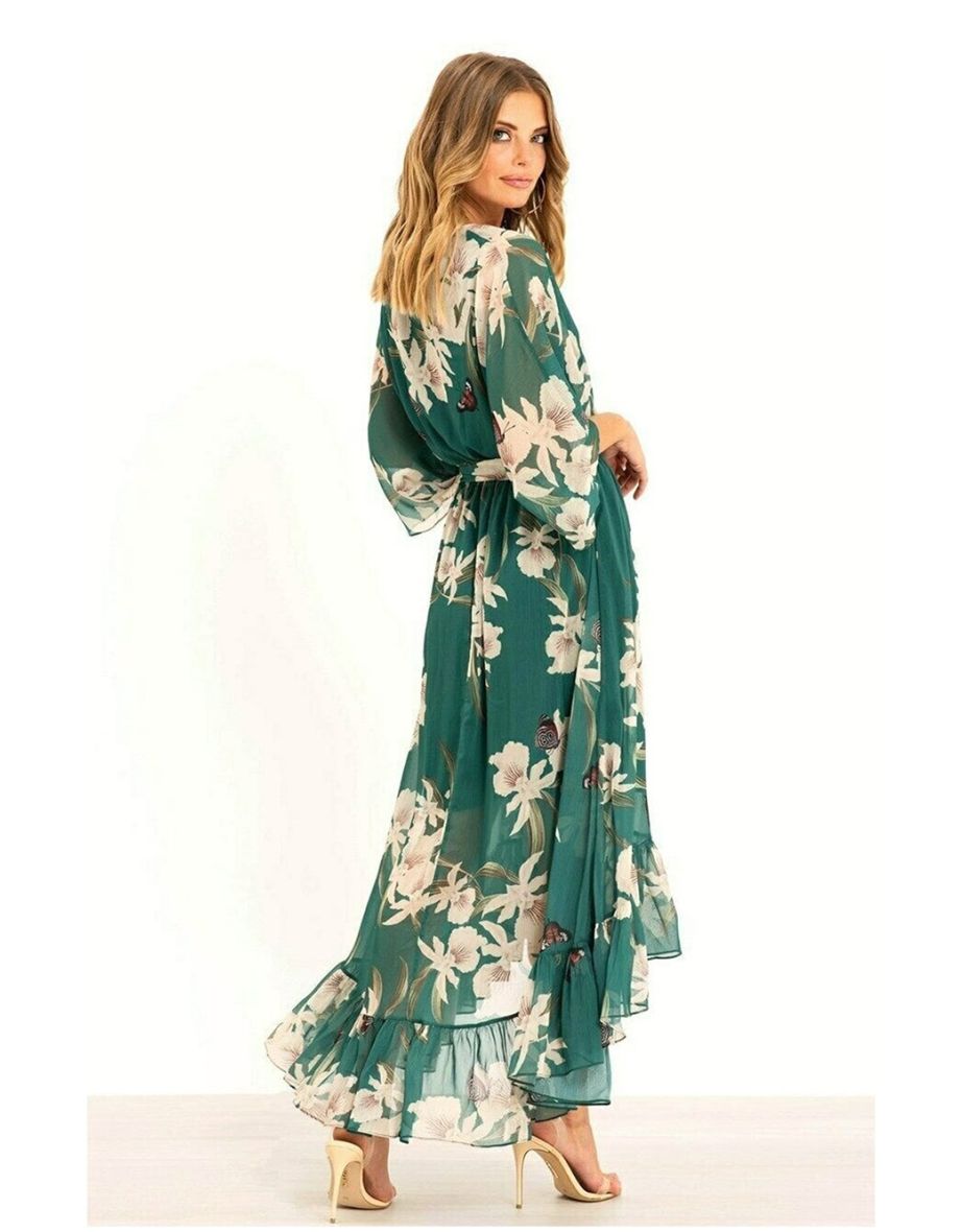 Yumi Floral Print Green Kimono Midi Wrap Dress - 2