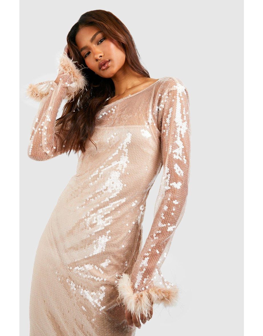Tall Sequin Fluffy Feather Trim Maxi Dress - 3