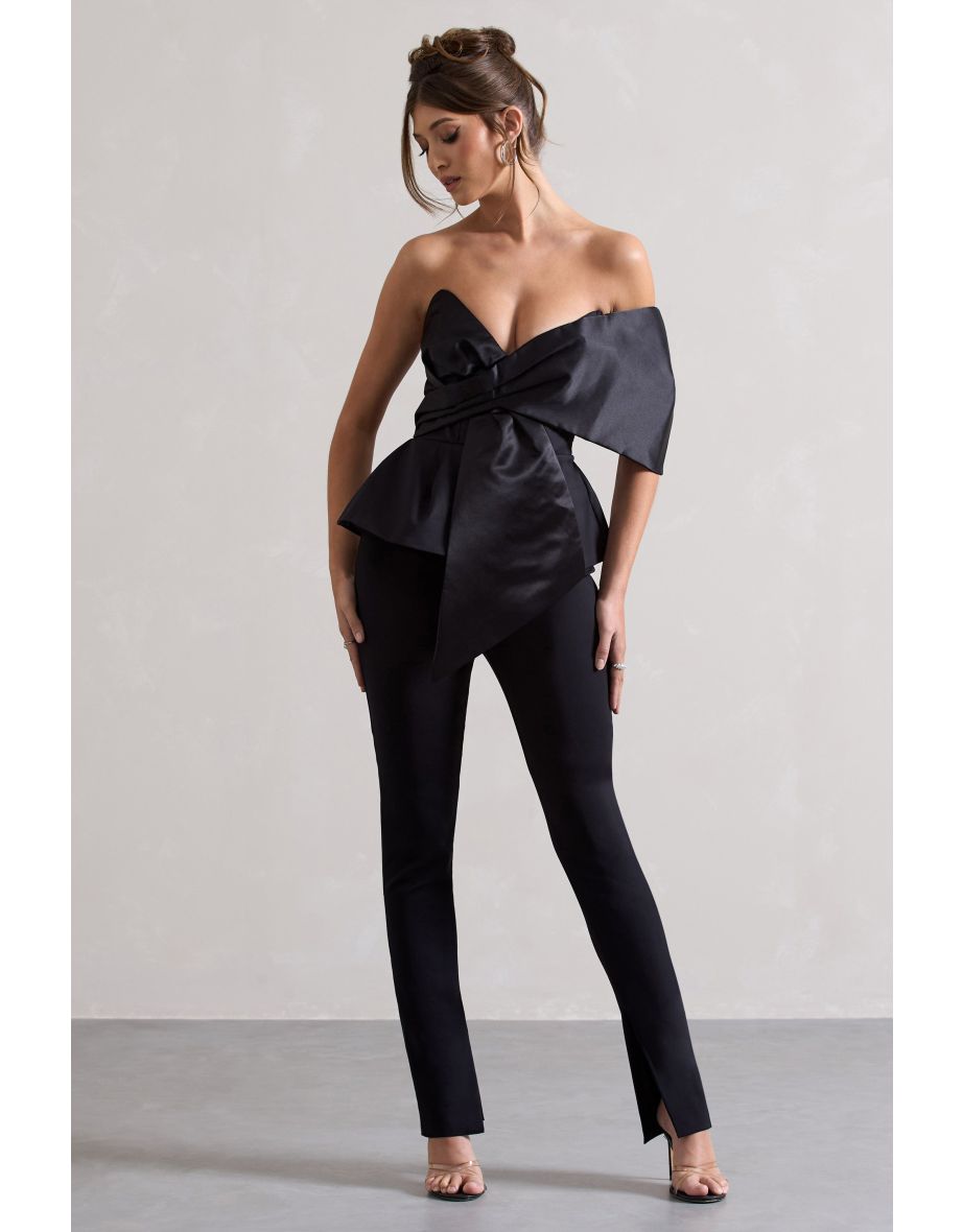 Mayfair | Black Asymmetric Bardot Top With Peplum Hem - 4