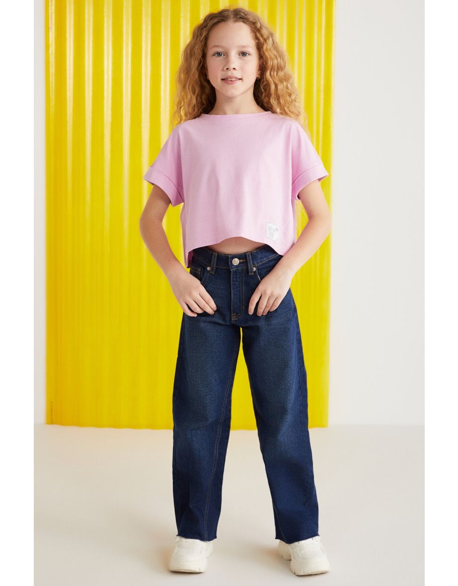 Verena Girl's 100% Cotton Double Sleeve Pink T-shirt with Ornamental Label